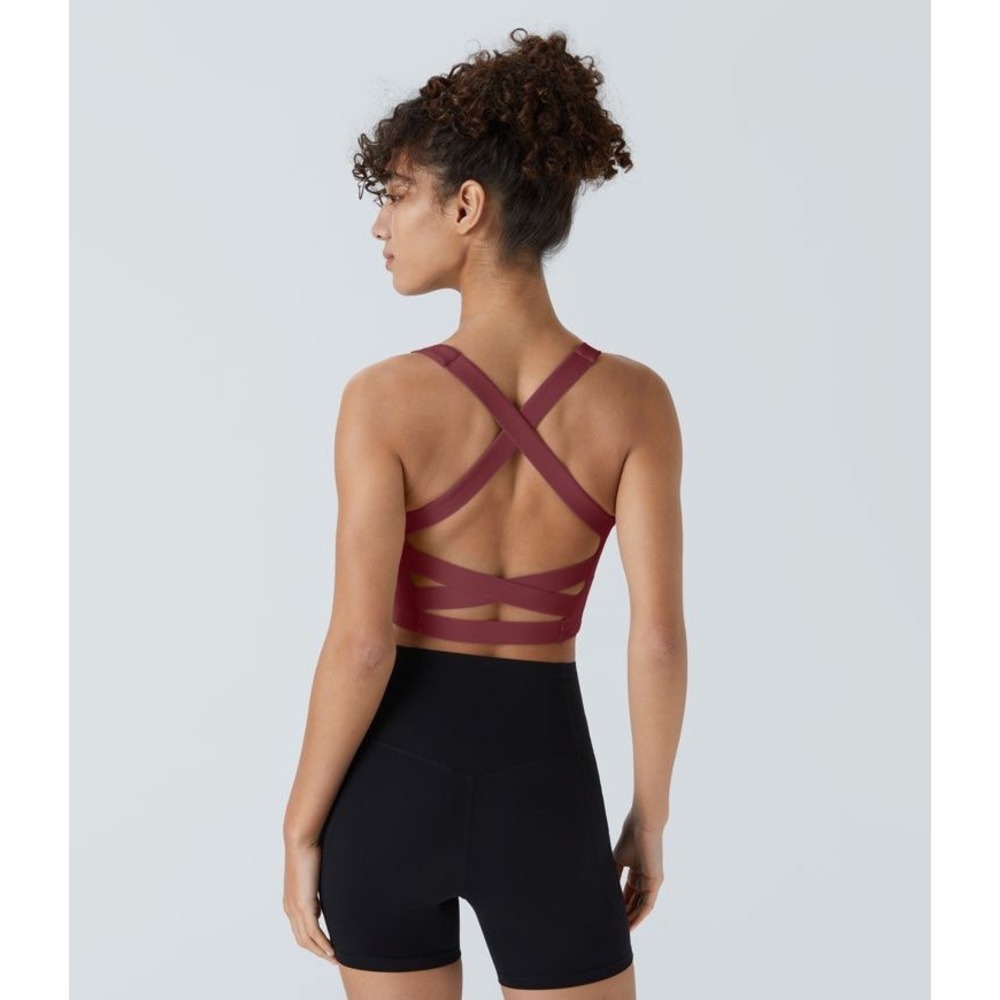 Halara SoftlyZero Airy Square Neck Backless Strappy Sports Bra Crop Top Berry S - Picture 3 of 7
